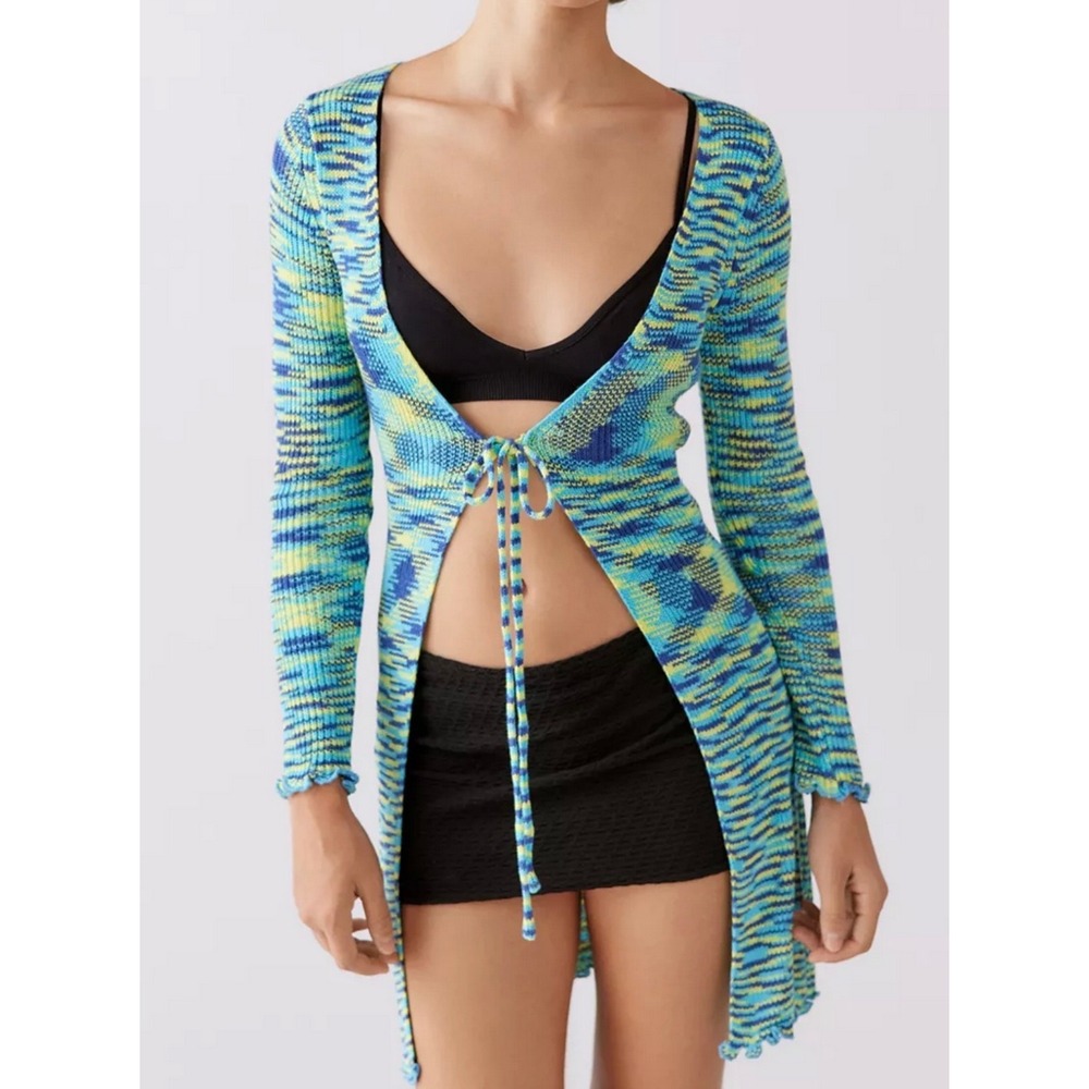 Urban Outfitters Space Dye Knit Tie Front Duster Cardigan Blue Green XS/S Marled